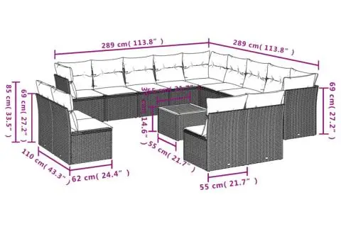 Set mobilier de grădină cu perne, 14 piese, gri, poliratan - 3/3