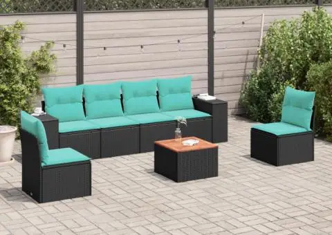 Set canapele de grădină cu perne, 7 piese, negru, poliratan - 1/3