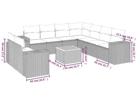 Set canapele de grădină cu perne, 10 piese, negru, poliratan - 3/3