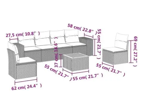 Set canapele de grădină cu perne, 7 piese, negru, poliratan - 3/3