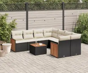 vidaXL Set mobilier de grădină cu perne, 9 piese, negru, poliratan