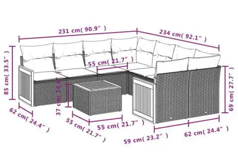 Set canapele de grădină, 9 piese, cu perne, gri, poliratan - 3/3