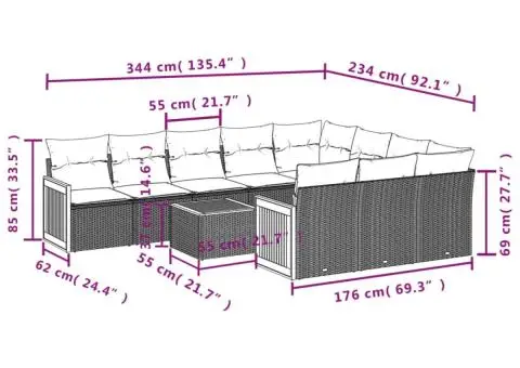 Set canapele de grădină cu perne, 11 piese, gri, poliratan - 3/3