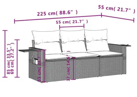 Set canapea de grădină cu perne, 3 piese, gri, poliratan - 3/3