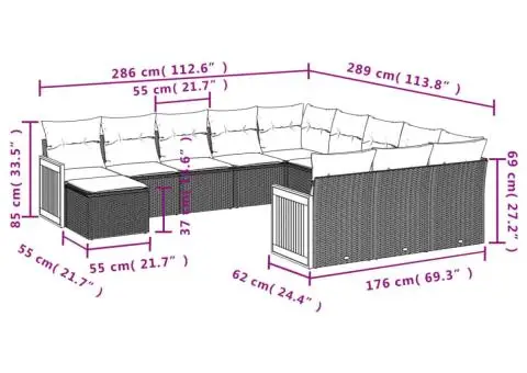 Set mobilier de grădină cu perne, 12 piese, gri, poliratan - 3/3
