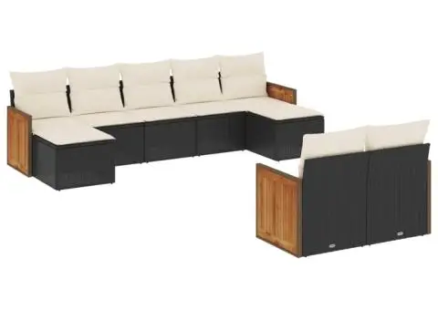 Set mobilier de grădină cu perne, 9 piese, negru, poliratan - 2/3