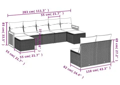Set canapele de grădină, 9 piese, cu perne, gri, poliratan - 3/3