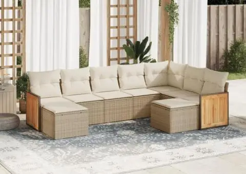 Set canapele de grădină, 9 piese, cu perne, bej, poliratan - 1/3