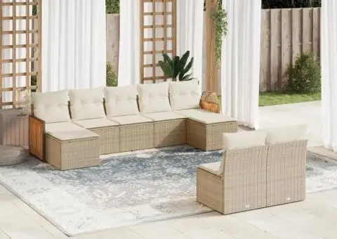 Set canapele de grădină, 9 piese, cu perne, bej, poliratan - 1/3