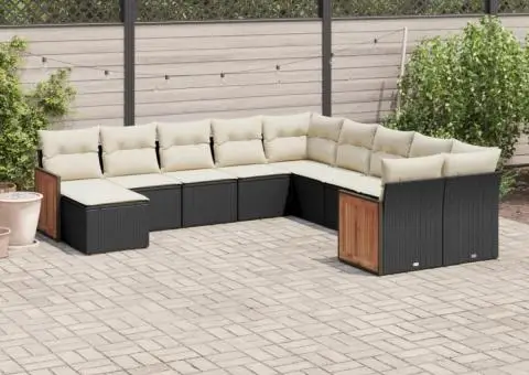 Set canapele de grădină cu perne, 11 piese, negru, poliratan - 1/3