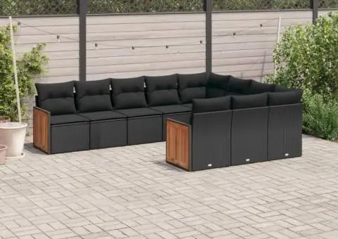 Set canapele de grădină cu perne, 10 piese, negru, poliratan - 1/3