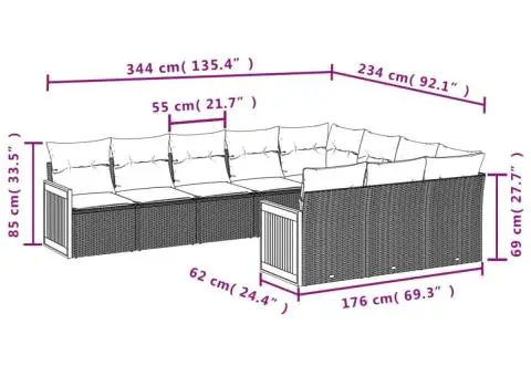 Set canapele de grădină cu perne, 10 piese, negru, poliratan - 3/3