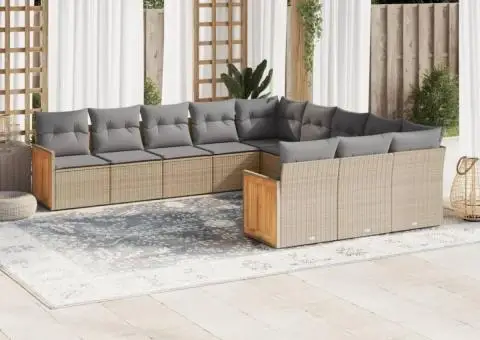 Set canapele de grădină cu perne, 11 piese, bej, poliratan - 1/3