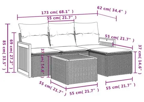 Set mobilier de grădină cu perne, 5 piese, negru, poliratan - 3/3