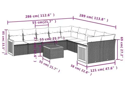 Set canapele de grădină cu perne, 11 piese, bej, poliratan - 3/3