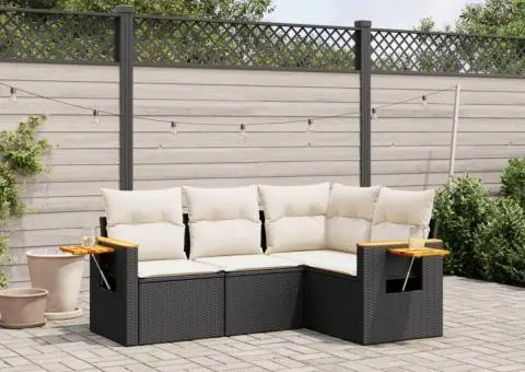 Set mobilier de grădină cu perne, 4 piese, negru, poliratan - 1/3