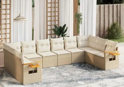 Set canapele de grădină cu perne, 10 piese, bej, poliratan - 1/3