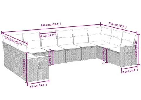 Set canapele de grădină cu perne, 10 piese, bej, poliratan - 3/3
