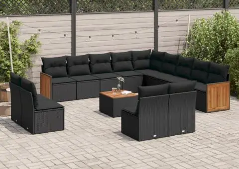 Set mobilier de grădină cu perne, 14 piese, negru, poliratan - 1/3