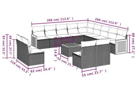 Set mobilier de grădină cu perne, 14 piese, negru, poliratan - 3/3