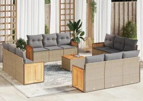 Set canapele de grădină, 13 piese, cu perne, bej, poliratan - 1/3