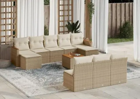 Set canapele de grădină cu perne, 11 piese, bej, poliratan - 1/3