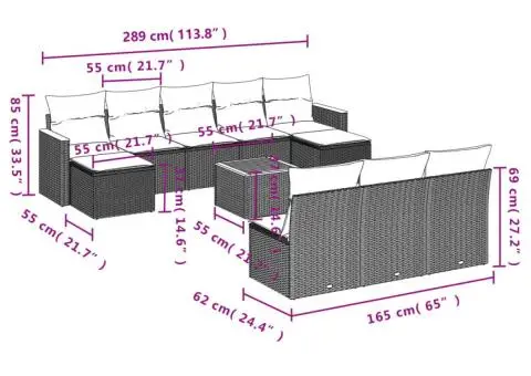 Set canapele de grădină cu perne, 11 piese, bej, poliratan - 3/3