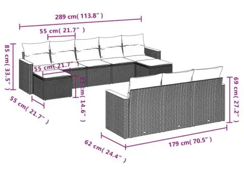Set mobilier de grădină cu perne, 10 piese, gri, poliratan - 3/3