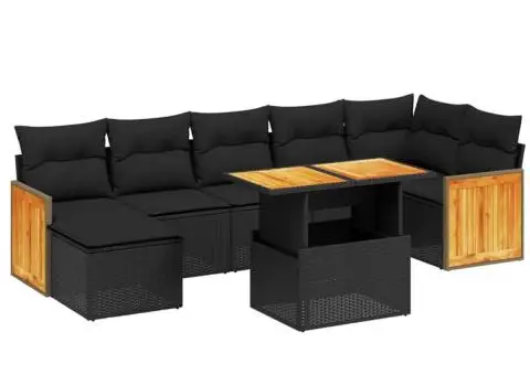 Set mobilier de grădină cu perne, 8 piese, negru, poliratan - 2/3