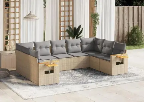 Set canapele de grădină, 9 piese, cu perne, bej, poliratan - 1/3