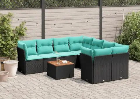 Set canapele de grădină cu perne, 9 piese, negru, poliratan - 1/3