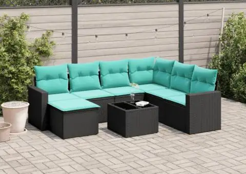 Set canapele de grădină cu perne, 8 piese, negru, poliratan - 1/3