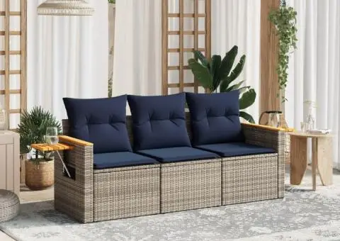 Set canapea de grădină cu perne, 3 piese, gri, poliratan - 1/3