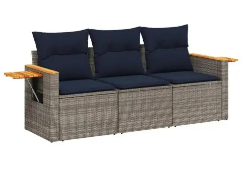 Set canapea de grădină cu perne, 3 piese, gri, poliratan - 2/3