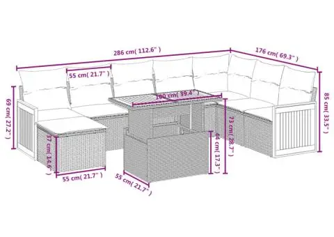 Set canapele de grădină cu perne, 9 piese, gri, poliratan - 3/3