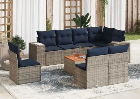 Set canapele de grădină cu perne, 9 piese, gri, poliratan - 1/3