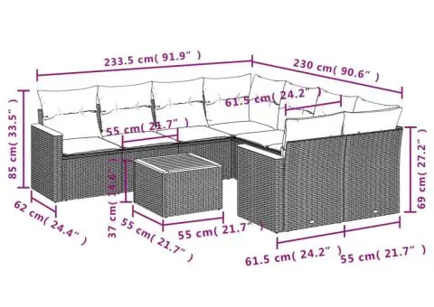 Set canapele de grădină cu perne, 9 piese, gri, poliratan - 3/3