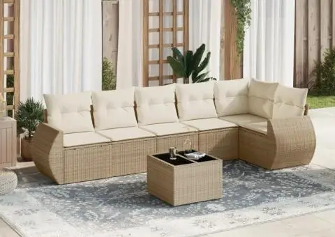 Set canapele de grădină, 7 piese, cu perne, bej, poliratan - 1/5