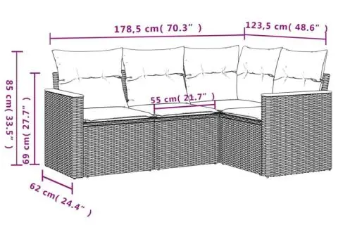 Set canapele de grădină cu perne, 4 piese, gri, poliratan - 3/3