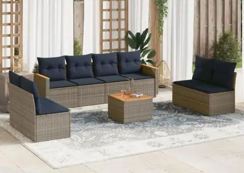 Set canapele de grădină cu perne, 9 piese, gri, poliratan - 1/3