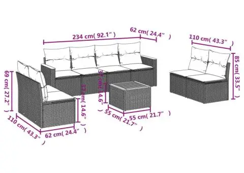 Set canapele de grădină cu perne, 9 piese, gri, poliratan - 3/3