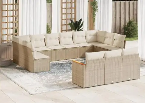 Set canapele de grădină, 13 piese, cu perne, bej, poliratan - 1/3