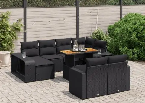 Set canapele de grădină cu perne, 11 piese, negru, poliratan - 1/3