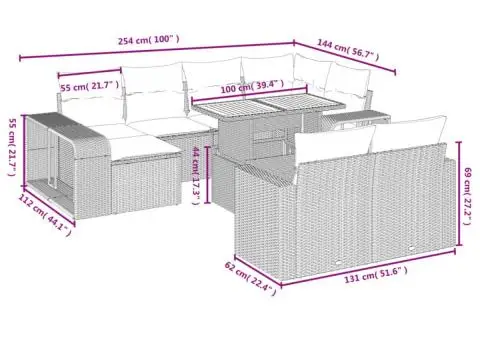 Set canapele de grădină cu perne, 11 piese, negru, poliratan - 3/3