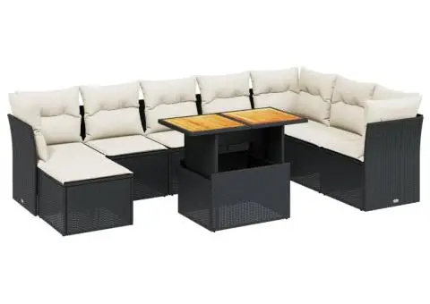 Set mobilier de grădină cu perne, 9 piese, negru, poliratan - 2/4