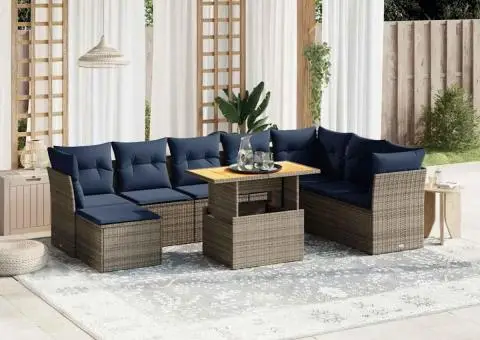 Set canapele de grădină cu perne, 9 piese, gri, poliratan - 1/5