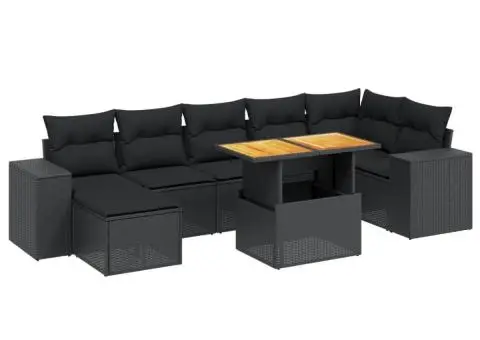 Set mobilier de grădină cu perne, 8 piese, negru, poliratan - 2/4