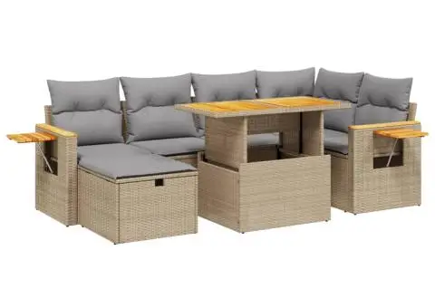 Set canapele de grădină, 7 piese, cu perne, bej, poliratan - 2/4