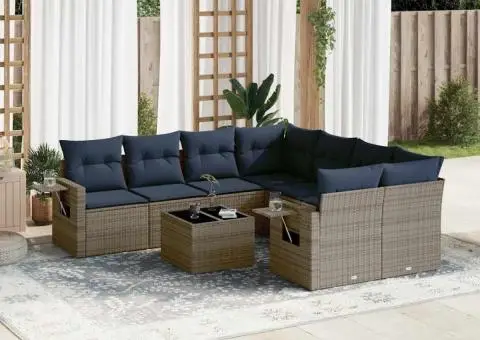 Set canapele de grădină cu perne, 9 piese, gri, poliratan - 1/3