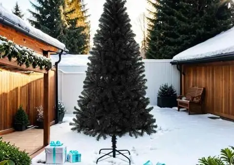 Pom de Crăciun artificial cu suport, negru, 210 cm, PVC - 2/5